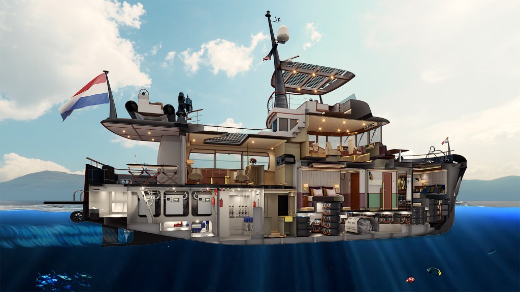 A detailed 3D cross-section and cutaway rendering of a multi-deck luxury explorer yacht, shown partially submerged in deep blue water filled with small tropical fish. The cutaway reveals the intricate internal architecture and spatial logic of the vessel. The lower deck highlights a technical, layered machinery layout featuring a dedicated battery room with stacked power cells, generator compartments, and advanced electrical systems. The main and upper decks showcase beautifully lit liveaboard living spaces, including an forward stateroom, multi-level cabins, an open salon with armchairs, a dedicated raised bridge, and a sun deck topped with a solar panel bimini awning.