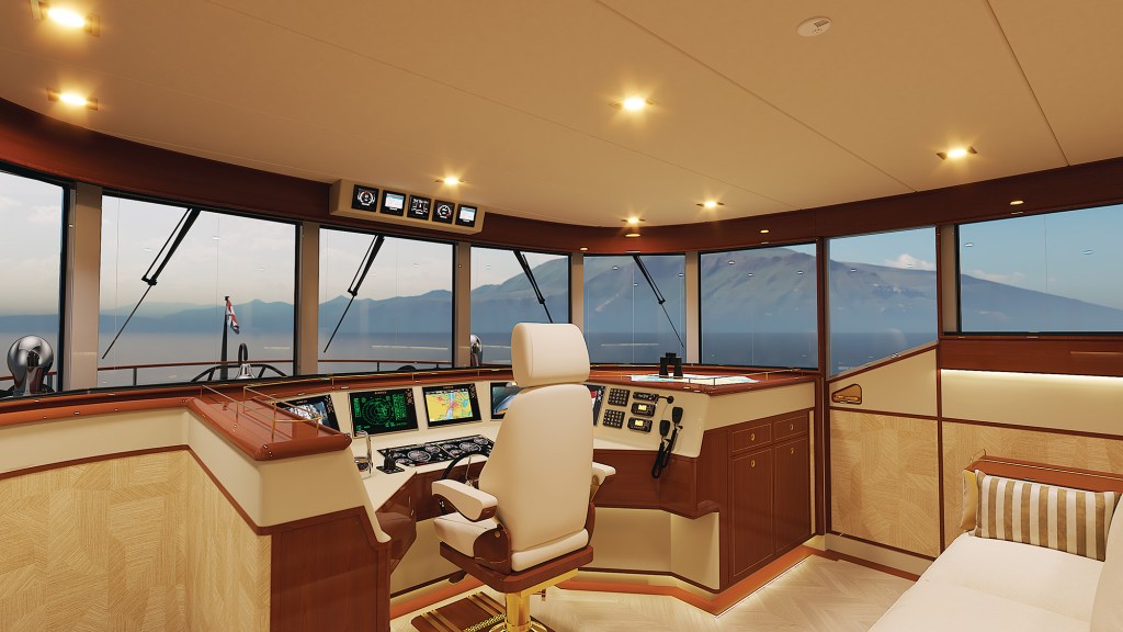 An interior rendering of the spacious, dedicated pilothouse on a luxury yacht, illuminated by warm recessed ceiling lights. A cream-colored captain's chair faces an expansive, wrap-around helm console fitted with digital navigation screens, radar displays, and traditional wood trimming. Large, forward-slanted windows equipped with windshield wipers provide uninterrupted panoramic views of a calm ocean and distant volcanic mountains. To the right, a comfortable cream sofa with a striped accent pillow sits against light wood-paneled walls.