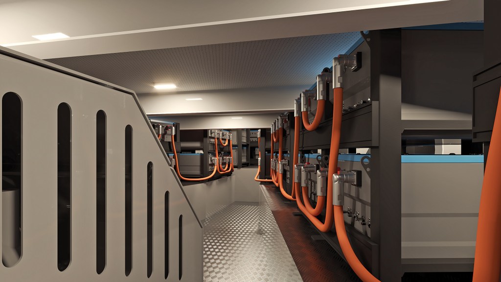 An interior technical rendering of a dedicated battery storage room located in the lower machinery space of a modern yacht. Heavy-duty power cells are neatly arranged in rows on black racks, connected by thick, bright orange electrical cables. The room features a metallic diamond-plate floor, a perforated acoustic white ceiling with soft overhead lighting, and a grey safety barrier structure with vertical cutouts on the left.