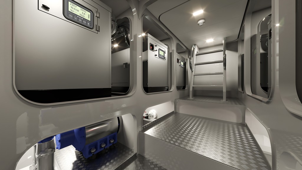 An interior technical rendering of a modern, clinical yacht generator room with a central corridor. The room features a metallic diamond-plate floor and a short ladder leading upward to a companionway. Flanking the corridor are large, wall-integrated window cutouts that look into separate technical bays. The upper bays house multiple large, grey diesel generator units equipped with digital status display panels, while a lower bay visible on the bottom left reveals a blue and silver electric propulsion motor or pump system.