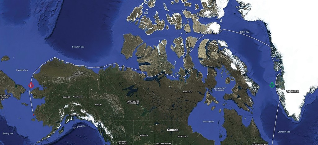 A satellite map graphic illustrating a long-distance marine voyage route through the Arctic's Northwestern Passages. A continuous thin white navigation line begins in the Labrador Sea, charts north along the western coast of Greenland, crosses Baffin Bay, and winds westward through the complex island channels of northern Canada. The path continues west along the northern coasts of the Northwest Territories and Alaska into the Beaufort and Chukchi Seas, before heading south past a red anchor icon off the western coast of Alaska. A green anchor icon is also marked on the map near Greenland to highlight key points along the transcontinental maritime route.