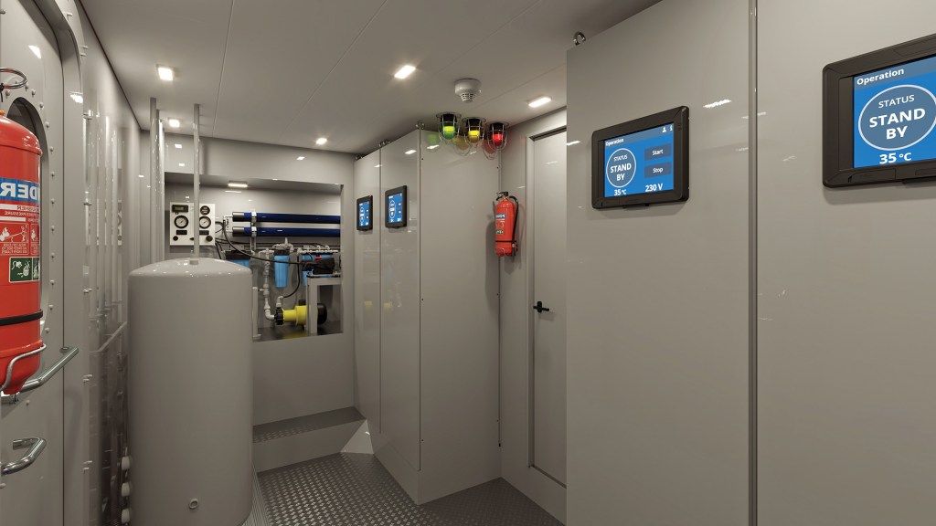 An interior technical rendering of a clean, modern engine control room on a vessel with metallic diamond-plate flooring. The right side is dominated by grey wall panels embedded with digital touchscreen monitors displaying system operations and a "STAND BY" status. Mounted on the walls are a red fire extinguisher and a set of red, yellow, and green indicator lights near the ceiling. In the background, a large vertical storage tank stands on the left, and a square wall cutout reveals water filtration and plumbing equipment with blue and yellow components.