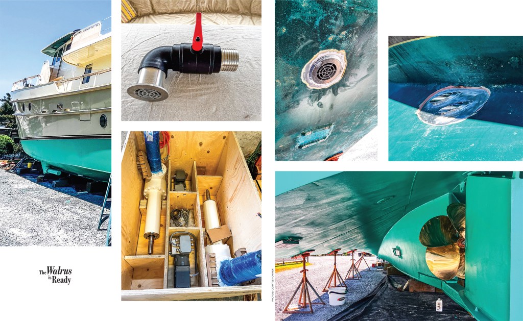A multi-photo editorial collage showcasing technical retrofits on the hull of the motor yacht "Walrus" while hauled out in a dry shipyard.

Left side: A vertical shot of the yacht's cream superstructure and bright green under-hull resting on blocks, titled with the graphic text "The Walrus is Ready."

Center column: The top image displays a detached black-and-silver waterjet nozzle assembly with a red lever valve; the bottom image shows a top-down view inside a wooden shipping crate holding uninstalled mechanical components and cylinders.

Right side: A collection of underwater hull images featuring circular through-hull waterjet grates, a recessed oval hull modification, and a large bottom-angle view of the bright green stern keel section, displaying a polished four-blade bronze propeller supported by red jack stands on the gravel yard below.