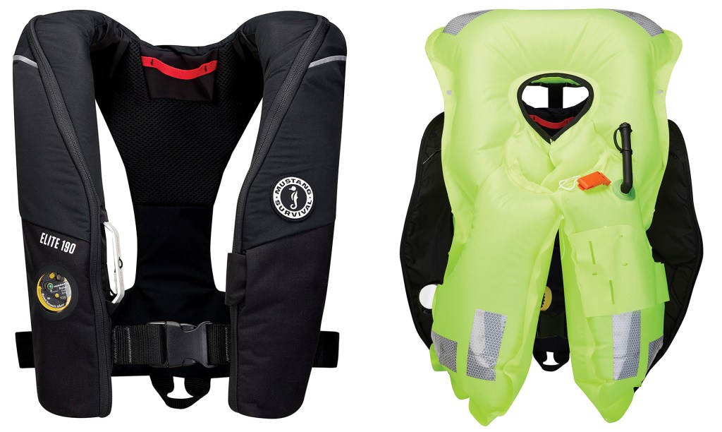 A side-by-side comparison of a Mustang Survival Elite 190 inflatable PFD, showing its sleek black vest configuration on the left and its fully inflated high-visibility neon yellow bladder with reflective patches, safety whistle, and oral inflation tube on the right.