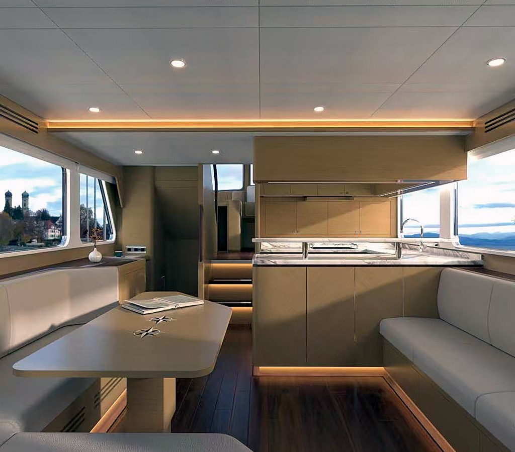 An interior rendering of the main salon and galley aboard a Selene 52 Ocean Explorer, showcasing modern wood cabinetry, large viewing windows, integrated strip lighting, and comfortable built-in seating around a dining table.