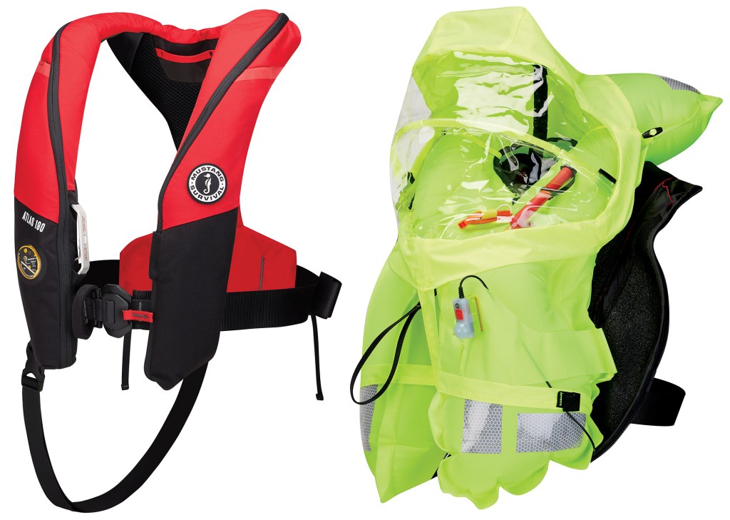 A side-by-side comparison of a Mustang Survival Atlas 190 DLX inflatable PFD, showing its red and black vest configuration with waist strap and crotch strap on the left, and its fully inflated neon yellow bladder deployed with an integrated clear spray hood, water-activated strobe light, safety whistle, and reflective strips on the right.