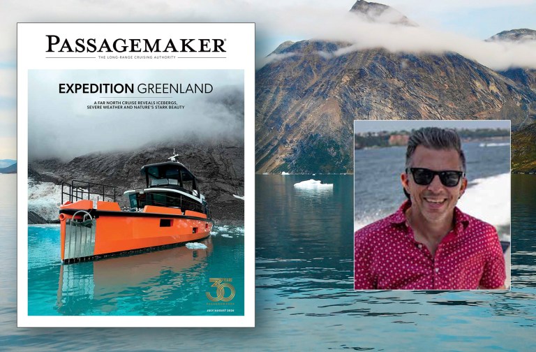 July-Aug-26-Passagemaker-edit-letter The July/August 2026 magazine cover of Passagemaker featuring a bright orange expedition yacht near a glacier in Greenland, alongside a photo of a man in a red patterned shirt and sunglasses, set against a backdrop of arctic mountains and icebergs.