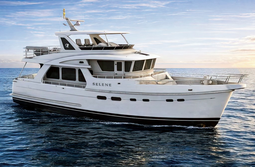A profile view of a white Selene 52 Ocean Explorer trawler yacht cruising on calm blue open water under a bright sky.