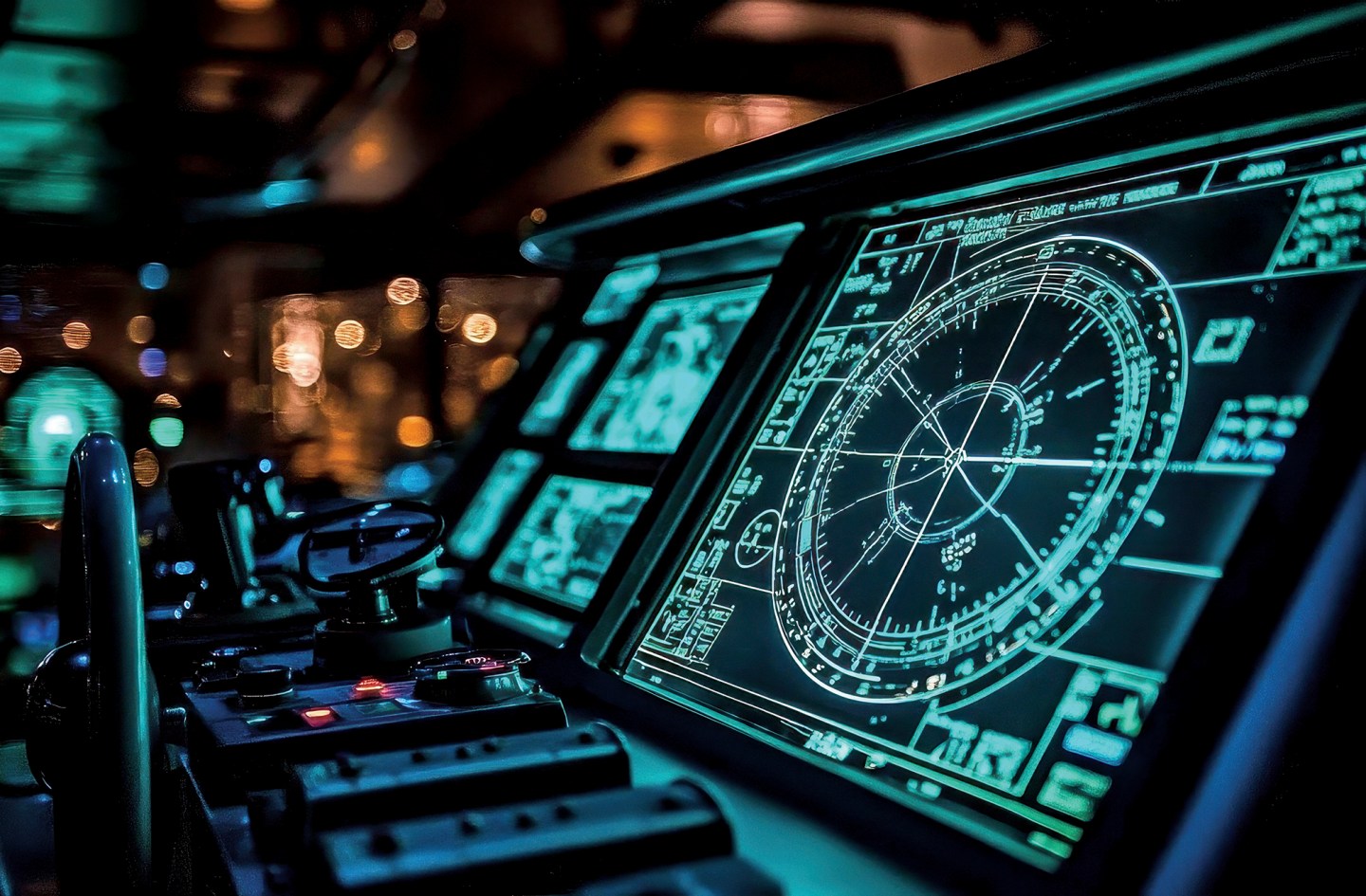 A close-up of a boat's helm at night, showing glowing green and blue electronic navigation screens and radar displays, with blurry city lights visible through the window in the background.