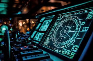 A close-up of a boat's helm at night, showing glowing green and blue electronic navigation screens and radar displays, with blurry city lights visible through the window in the background.