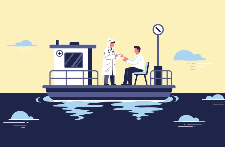 Healthcare Professional Giving Vaccine on Medical River Boat Dur A flat vector illustration of a medical doctor in a white lab coat and stethoscope treating a seated patient on the deck of a boat marked with a medical cross, floating on dark blue water under a pale yellow sky.
