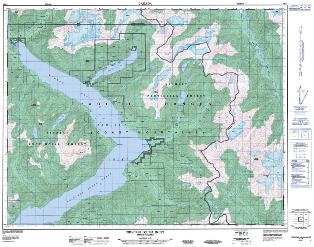 A official Canadian topographic map (1:50,000 scale) of the Princess Louisa Inlet region in British Columbia, showing Jervis Inlet, Queens Reach, Princess Royal Reach, Sechelt Provincial Forest, and the surrounding Pacific Ranges of the Coast Mountains.