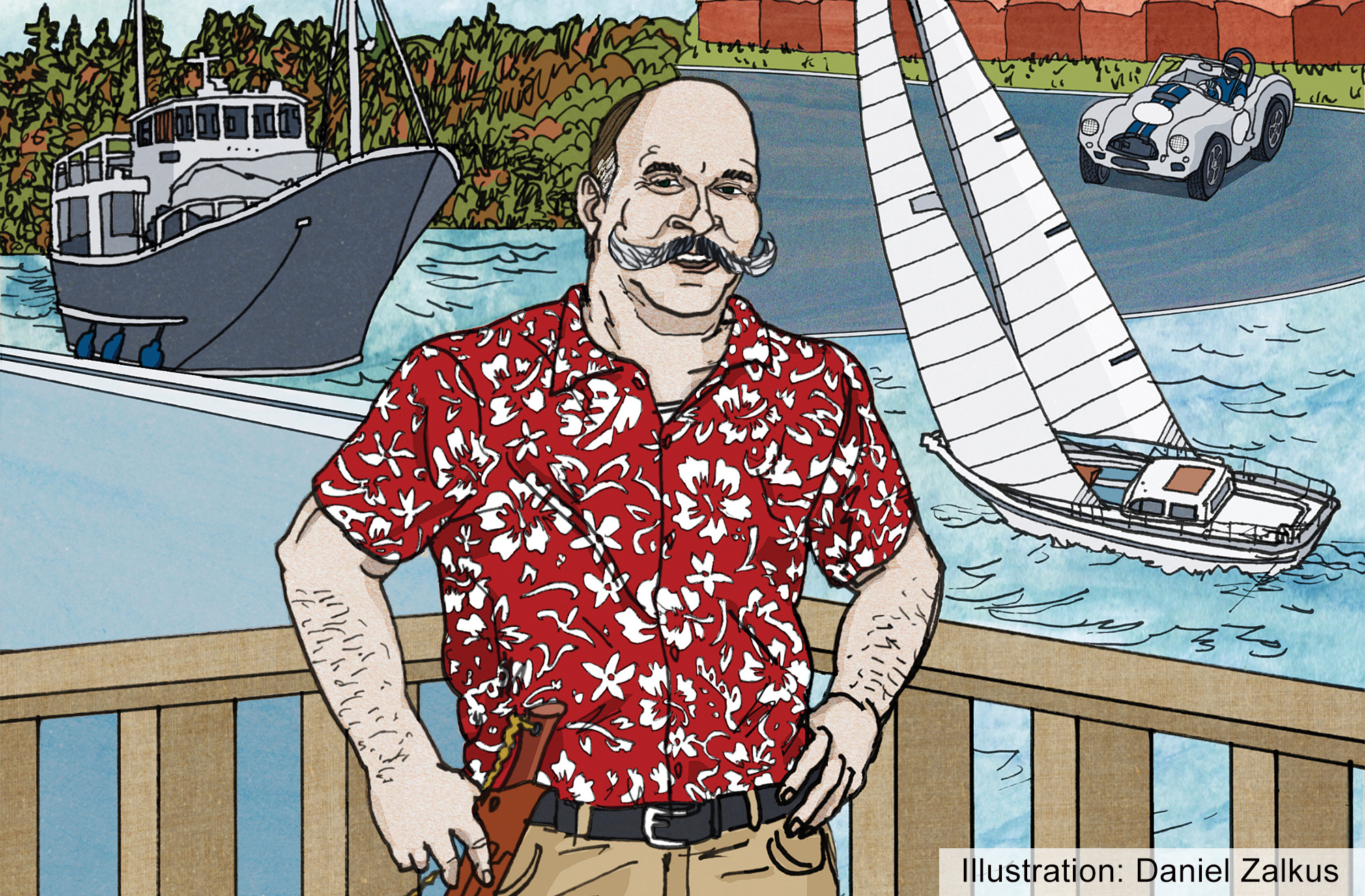 Illustration by Daniel Zalkus depicting marine journalist Chris Caswell in a red Hawaiian shirt and handlebar mustache, surrounded by a trawler, sailboat, and vintage race car.