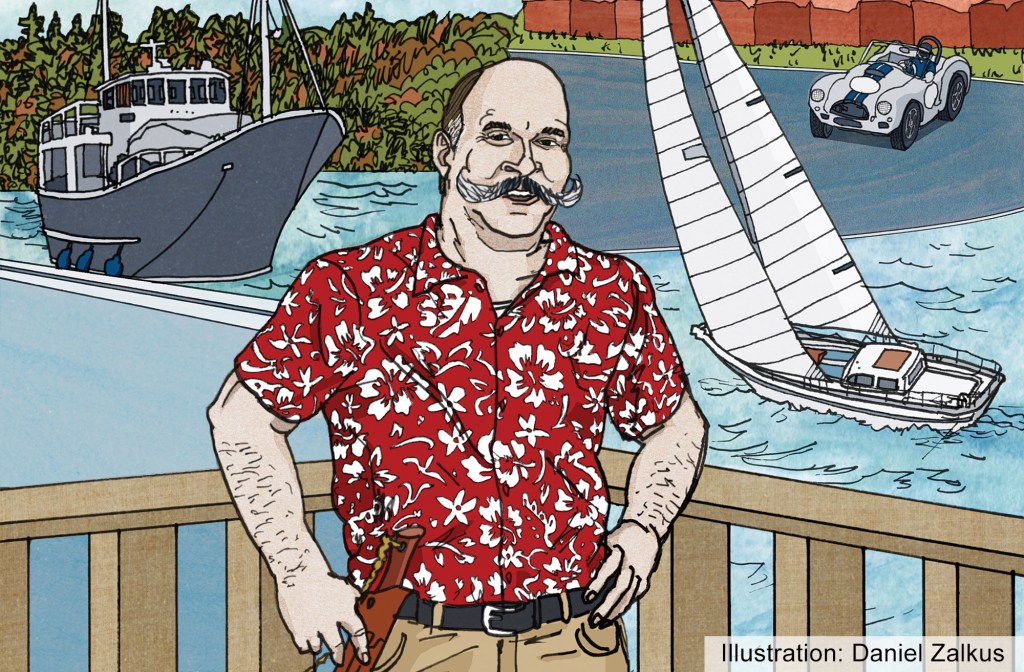 WorkingSketch Illustration by Daniel Zalkus depicting marine journalist Chris Caswell in a red Hawaiian shirt and handlebar mustache, surrounded by a trawler, sailboat, and vintage race car.