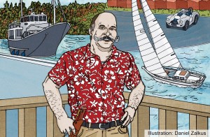 Illustration by Daniel Zalkus depicting marine journalist Chris Caswell in a red Hawaiian shirt and handlebar mustache, surrounded by a trawler, sailboat, and vintage race car.