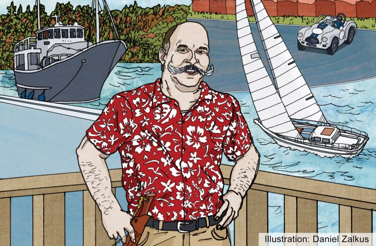 Illustration by Daniel Zalkus depicting marine journalist Chris Caswell in a red Hawaiian shirt and handlebar mustache, surrounded by a trawler, sailboat, and vintage race car.