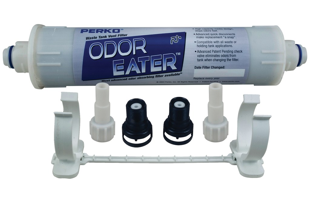 A product shot of the Perko Odor Eater waste tank vent filter kit against a white background, featuring the cylindrical filter canister, mounting bracket, quick-disconnect fittings, and hose adapters.