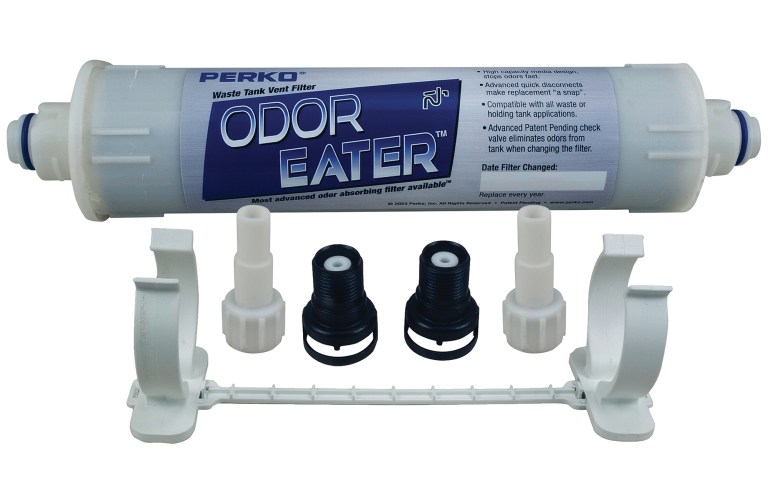 A product shot of the Perko Odor Eater waste tank vent filter kit against a white background, featuring the cylindrical filter canister, mounting bracket, quick-disconnect fittings, and hose adapters.