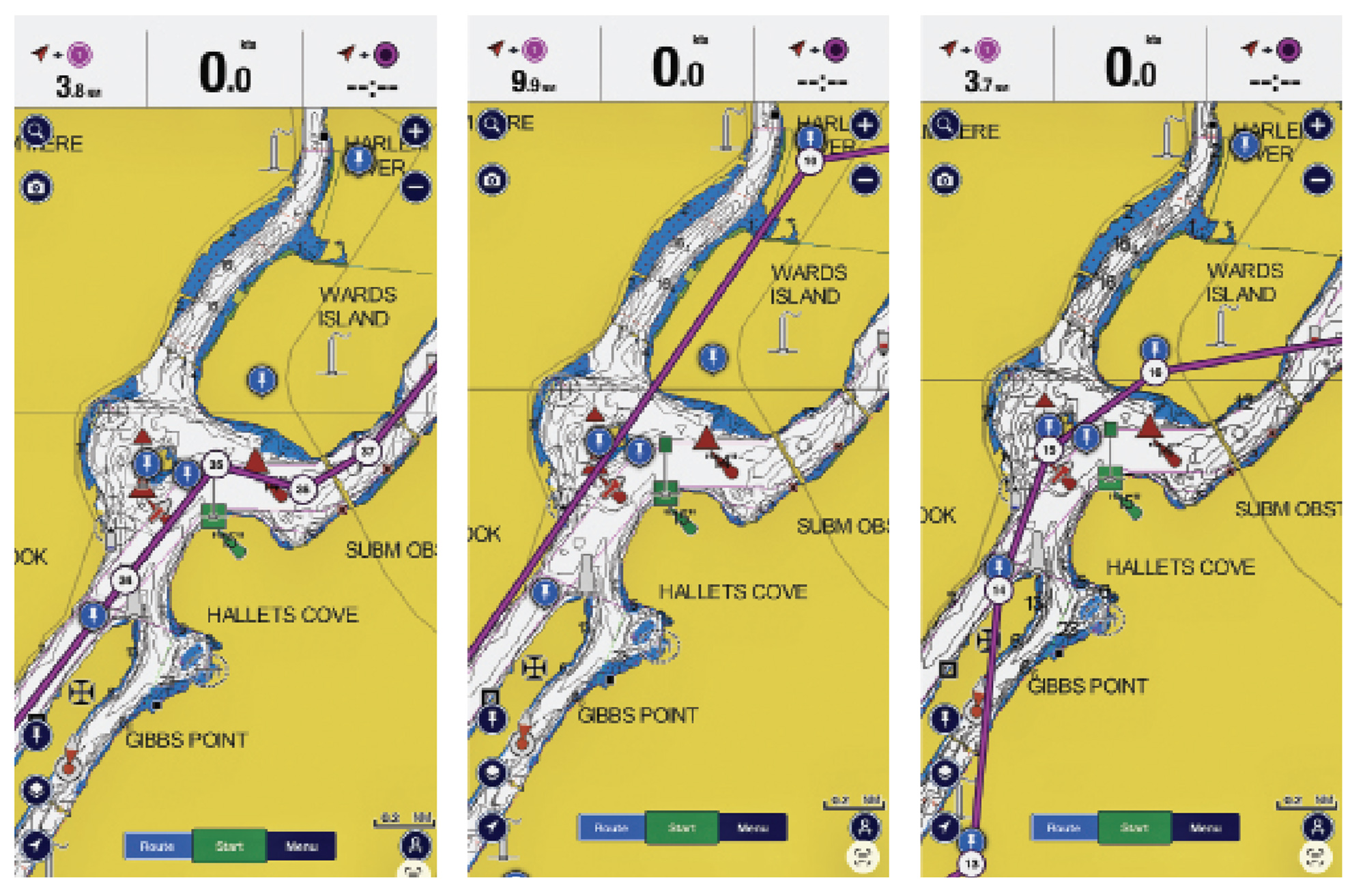 Three side-by-side screenshots from the Navionics app showing nautical charts of Hell Gate and Wards Island, contrasting a correct manually plotted water route on the left with two flawed AI-generated routes on the middle and right that erroneously plot course lines directly across land.