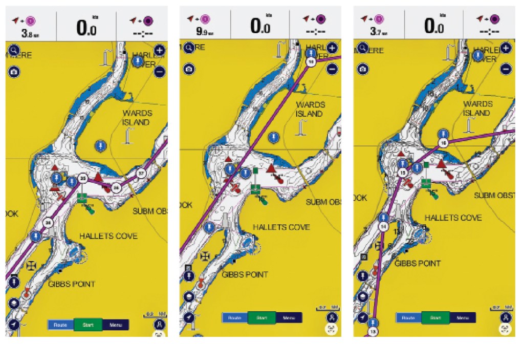 Three side-by-side screenshots from the Navionics app showing nautical charts of Hell Gate and Wards Island, contrasting a correct manually plotted water route on the left with two flawed AI-generated routes on the middle and right that erroneously plot course lines directly across land.