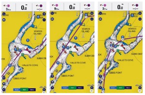Screenshot Three side-by-side screenshots from the Navionics app showing nautical charts of Hell Gate and Wards Island, contrasting a correct manually plotted water route on the left with two flawed AI-generated routes on the middle and right that erroneously plot course lines directly across land.
