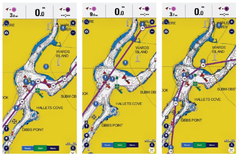 Screenshot Three side-by-side screenshots from the Navionics app showing nautical charts of Hell Gate and Wards Island, contrasting a correct manually plotted water route on the left with two flawed AI-generated routes on the middle and right that erroneously plot course lines directly across land.
