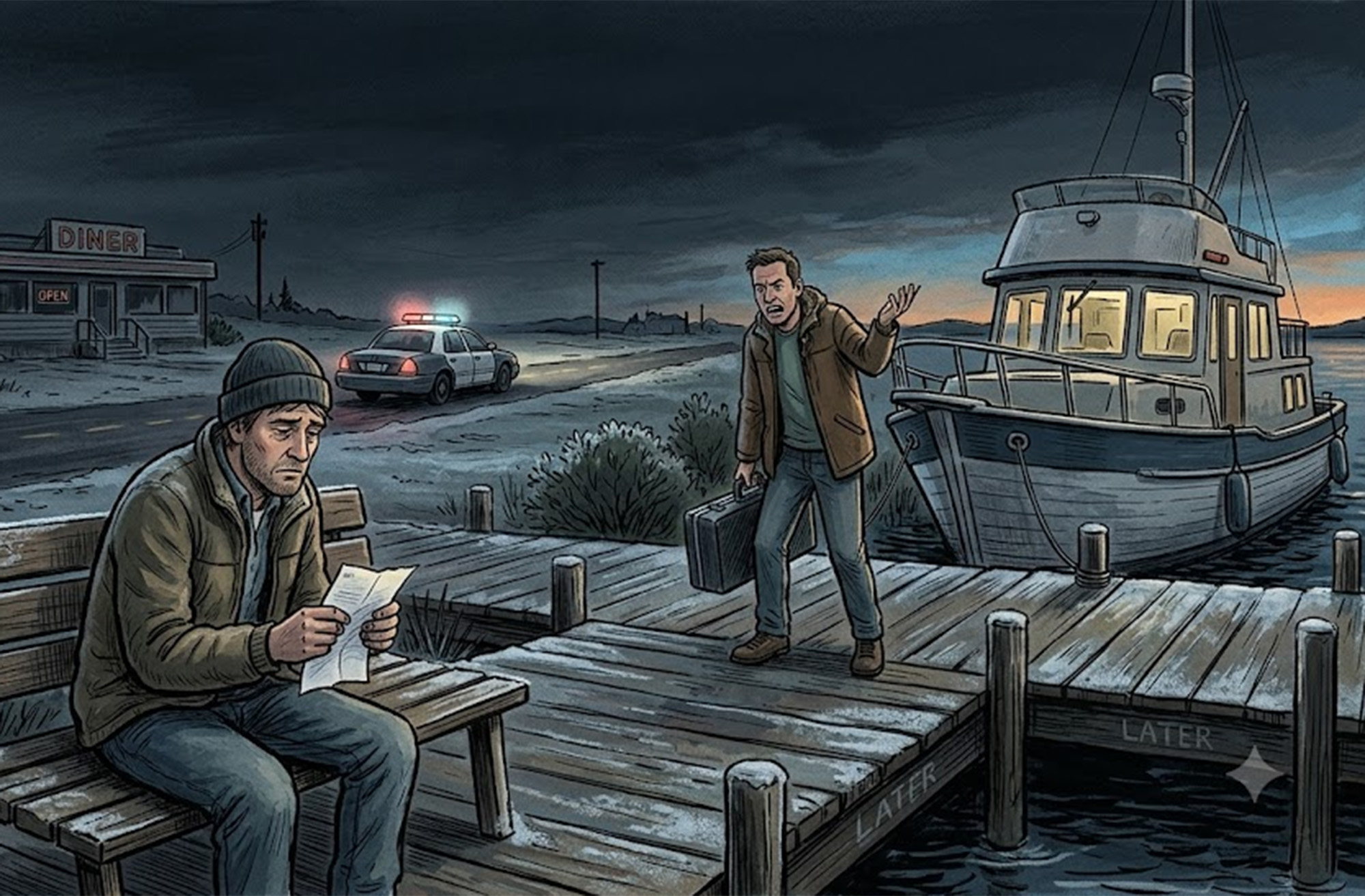 A graphic novel–style illustration set on a chilly, overcast morning at a marina dock. In the foreground, a man sits on a wooden bench looking disheartened while holding a traffic ticket. Nearby, an angry photographer holding a Pelican camera case gestures toward a docked trawler yacht. In the background across the water, a police cruiser with flashing emergency lights is parked along a dark rural road near a closed diner under a gloomy dawn sky.
