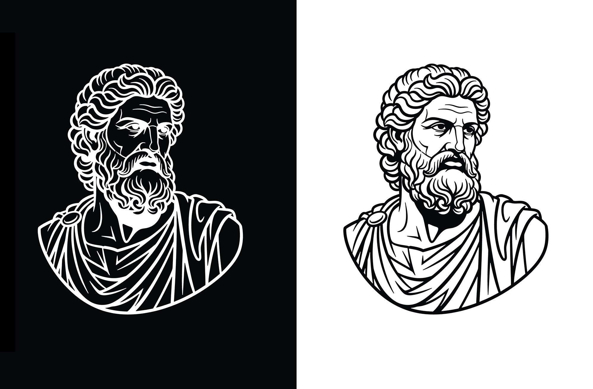 A side-by-side illustration of a classical Stoic philosopher bust, rendered in white lines on a black background on the left and black lines on a white background on the right.