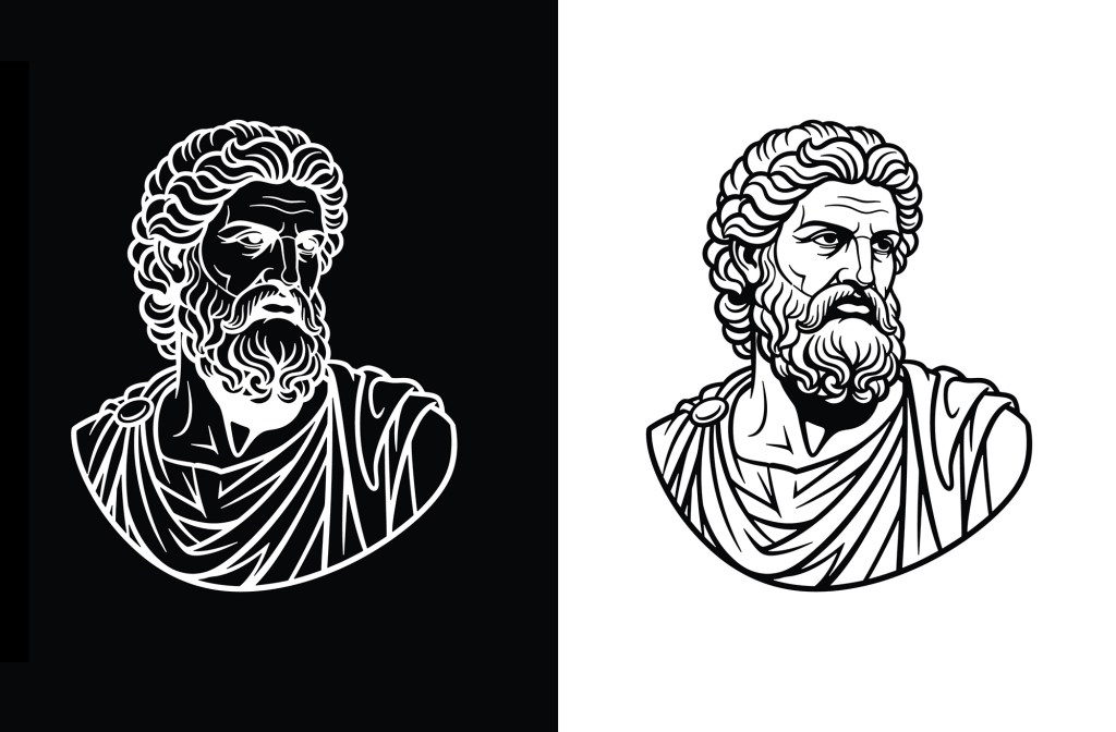 Marble Bust of Marcus Aurelius Roman Emperor Black and White. A side-by-side illustration of a classical Stoic philosopher bust, rendered in white lines on a black background on the left and black lines on a white background on the right.
