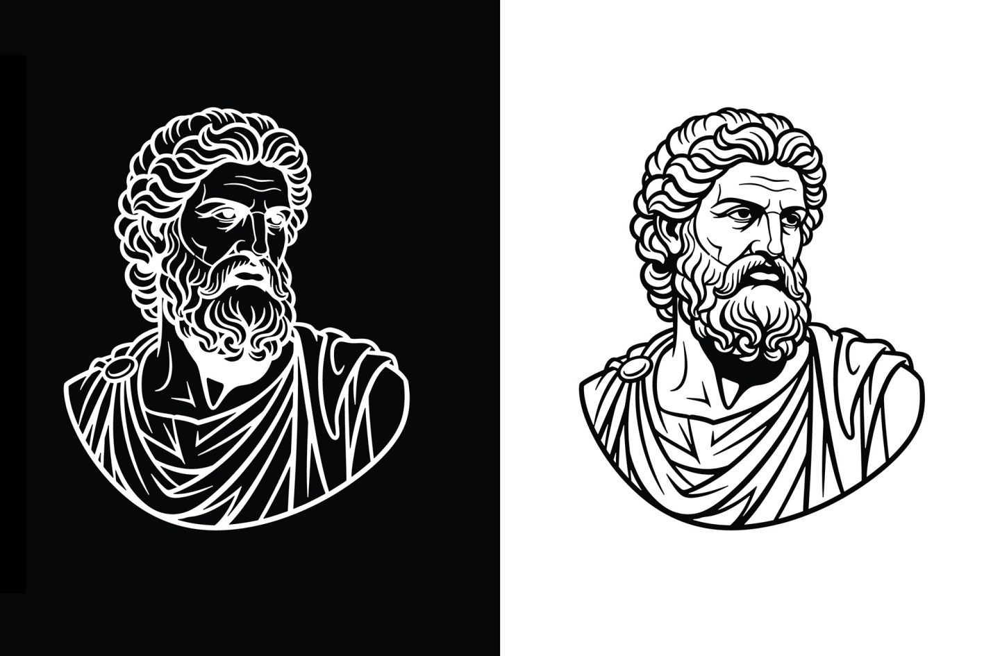 A side-by-side illustration of a classical Stoic philosopher bust, rendered in white lines on a black background on the left and black lines on a white background on the right.