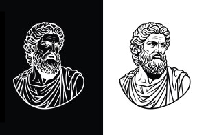A side-by-side illustration of a classical Stoic philosopher bust, rendered in white lines on a black background on the left and black lines on a white background on the right.