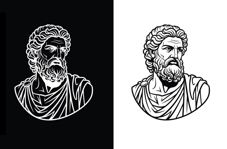 Marble Bust of Marcus Aurelius Roman Emperor Black and White. A side-by-side illustration of a classical Stoic philosopher bust, rendered in white lines on a black background on the left and black lines on a white background on the right.