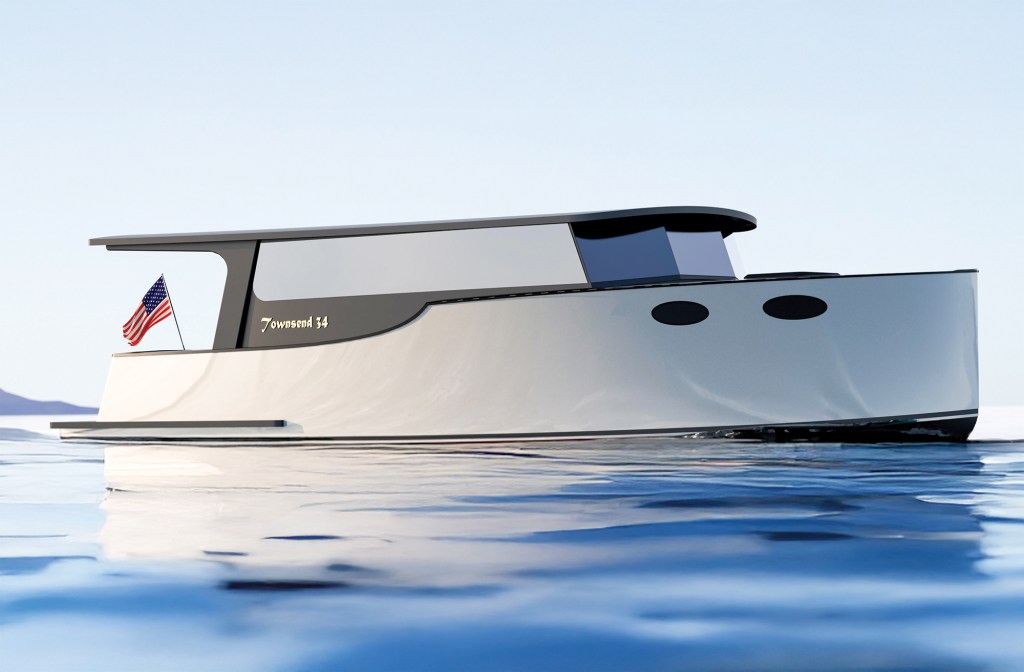 feat_Townsend34 A side profile rendering of the sleek, modern Townsend 34 solar electric cruiser cruising on calm blue water, featuring a white hull, long solar-paneled roof overhang, and an American flag flying at the stern.