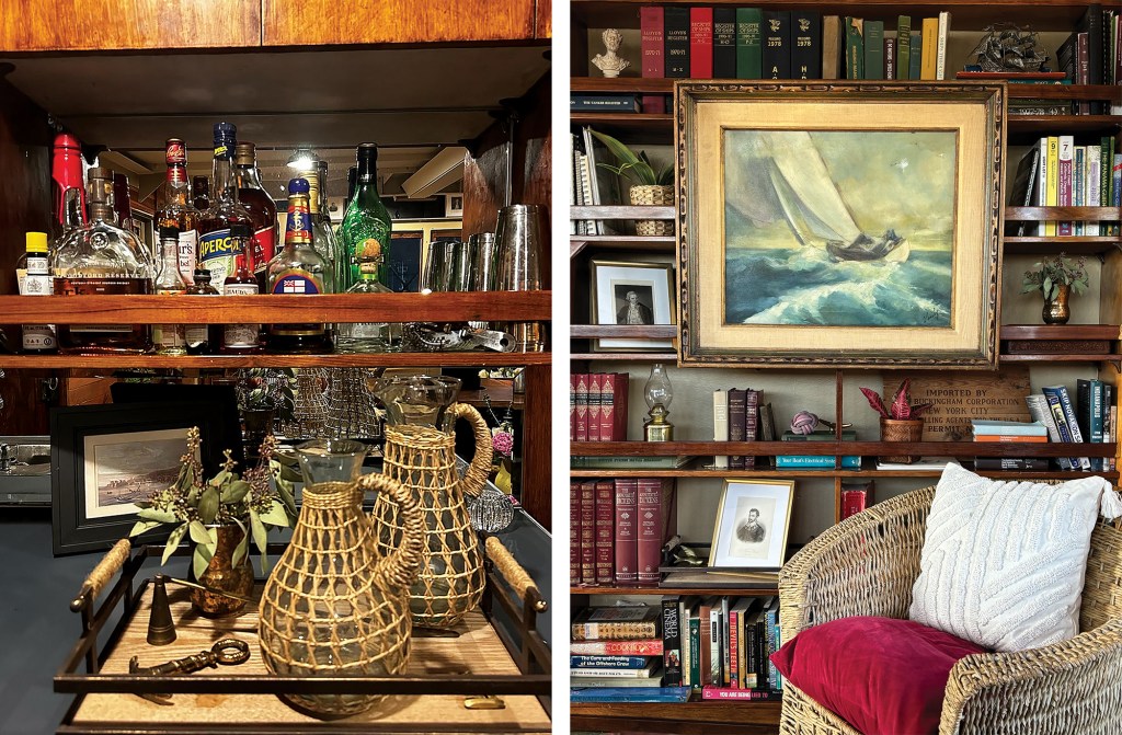 Stocked bar and nautical library featuring antique books and maritime art inside the historic Robert Gray ship.