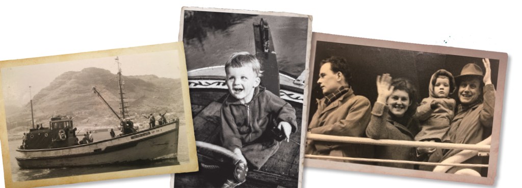 Trio of vintage black-and-white photos showing Onne van der Wal's childhood, family emigration, and early South African fishing boat experiences.