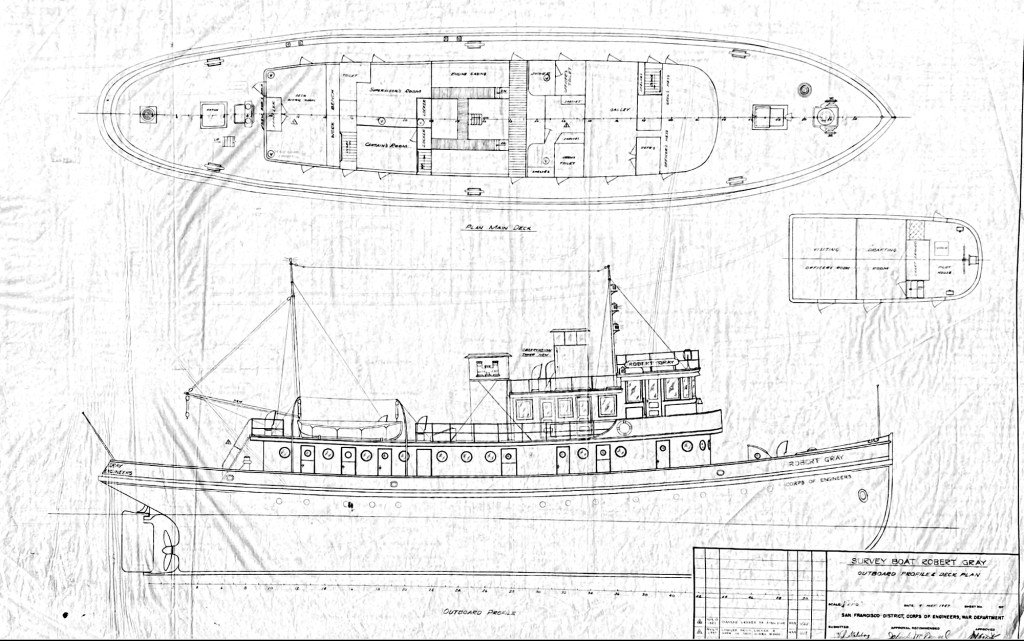 Original architectural blueprint showing the profile and deck plan of the historic Robert Gray ship.