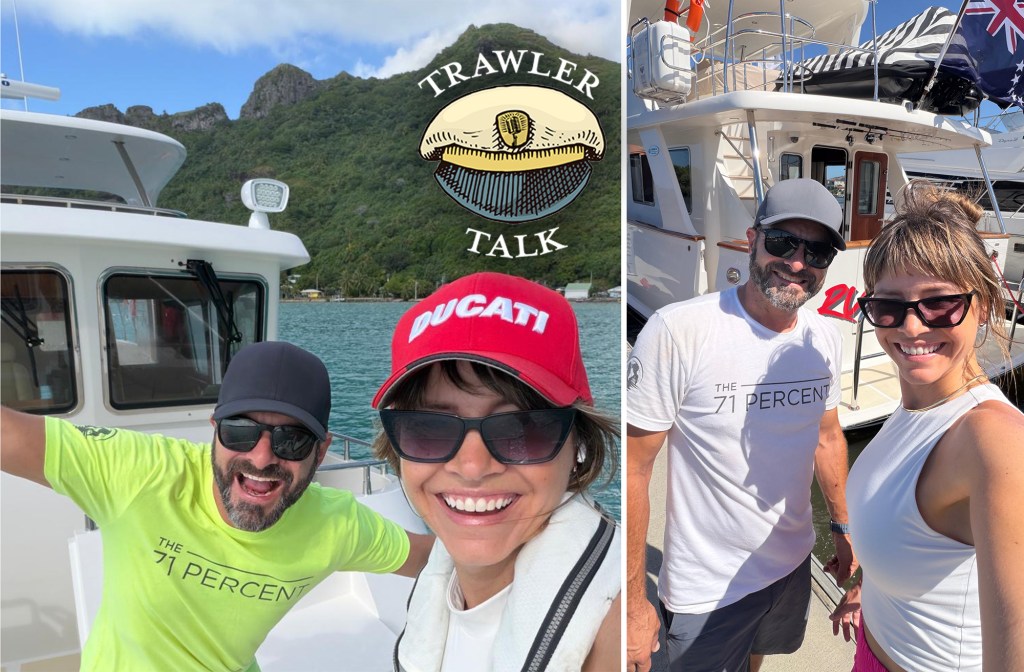 feat_71-Percent Split photo featuring boaters wearing "The 71 Percent" t-shirts on a trawler yacht next to the Trawler Talk podcast logo.