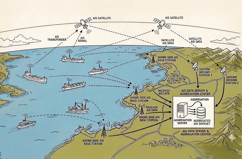 Diagram showing how AIS signals travel from ships via satellites and shore stations to a central database server.