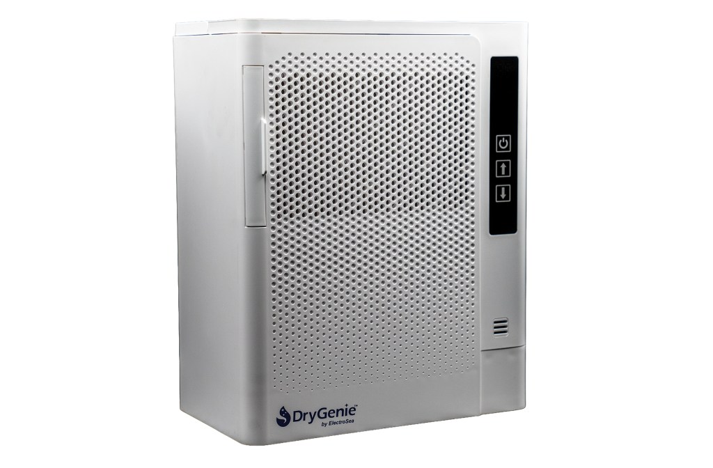 ElectroSea DryGenie white compact marine dehumidifier featuring digital controls and a perforated front ventilation grille.