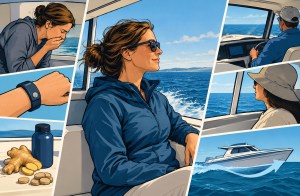 Graphic novel illustration panel showing seasickness causes and remedies, including looking at the horizon, acupressure wristbands, ginger, and steering a boat.