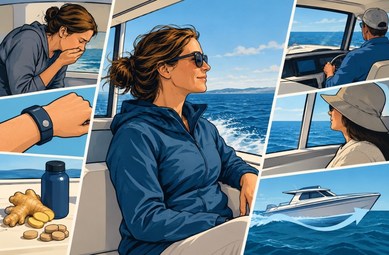prm-seasickness Graphic novel illustration panel showing seasickness causes and remedies, including looking at the horizon, acupressure wristbands, ginger, and steering a boat.