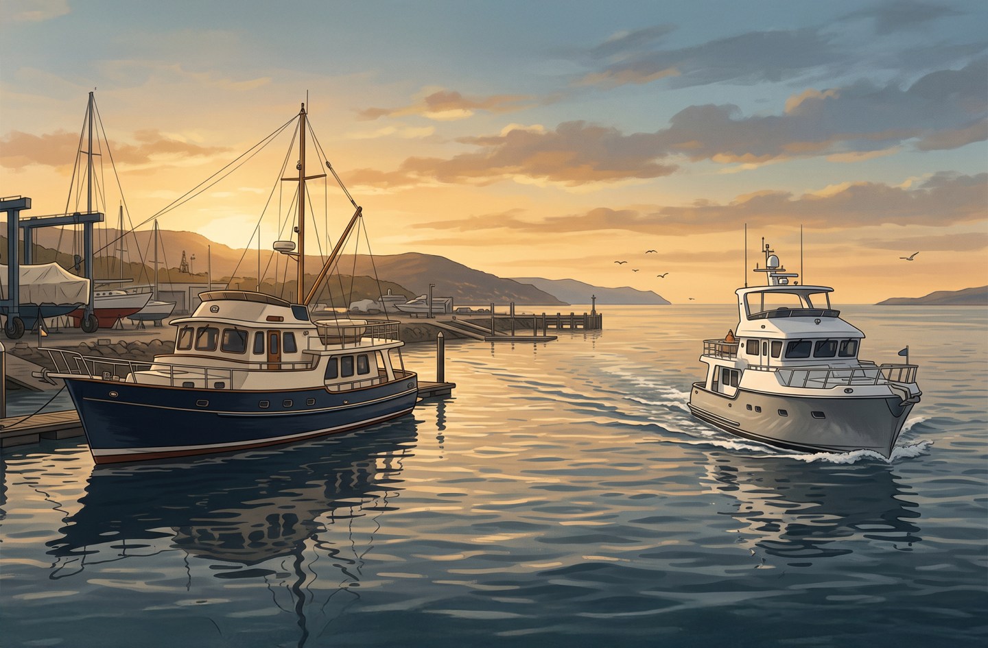 A horizontal illustration of two long-range trawler yachts at sunset—one docked quietly in a shipyard and another cruising out into open ocean waters.